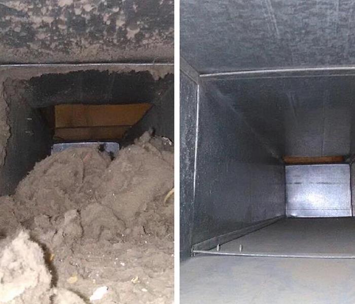 before and after of a dirty and cleaned air duct