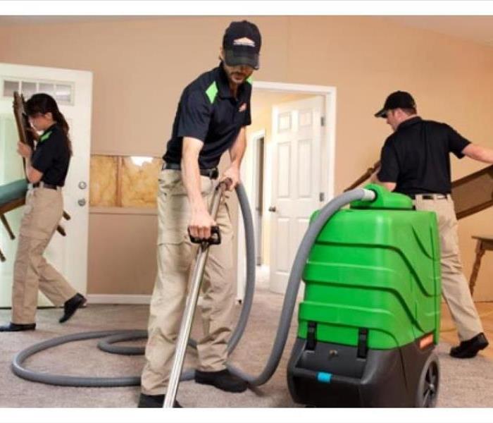 3 employees cleaning a living room